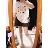 Top Estampado Desenho de Damasco Leitoso Feminino Verão Plus Size Estilo Americano Retrô Nicho Manga Curta Amigo da Pele Algodão Puro Versátil Camiseta
