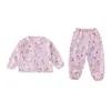 Pijama de Gato con Estampado de Dibujos Animados para Niñas Algodón Hilo Doble Cardigan de Manga Larga Conjunto de Ropa para el Hogar Bebé Nuevo Estilo Primavera y Otoño