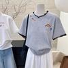 Playera Coreana Holgada de Malla con Empalme de Manga Corta para Mujer 2025 Nueva Moda de Verano Tops Versátiles y a la Moda