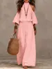 Conjunto de Moda Casual Transfronterizo Europeo y Americano para Mujer en Amazon: Top Casual de Cuello Redondo Holgado de Manga Larga Calado y Pantalones Largos Fruncidos