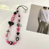 Corrente de Celular de Urso Cor-de-Rosa e Preto em Forma de Coração, Chaveiro Estilo Ins, Cordão Anti-Perda Doce e Descolado para Celular