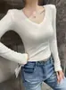 Estilo Sencillo Otoño/Invierno Grueso de Felpa Manga Larga Cuello en V Camiseta Base para Mujer Adelgazante Muestra la Figura Camiseta Corta con Hombros Acolchados