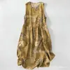 Vestido Casual de Algodão Puro com Estampa Digital Nova, Gola Redonda, Sem Mangas, Comprimento Médio, Para Mulheres, Verão na Praia