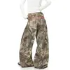 Jeans camuflado com bordado de letra estilo rua americano transfronteiriço, galhos, para homens e mulheres, calça wide leg de design nicho atacado
