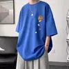 Camiseta de Manga Corta Pesada para Hombre, Cuello Redondo, Estampada, Nuevo Estilo de Verano, Estilo Ins Hong Kong, Top de Manga Tres Cuartos, Estilo Pareja, Unisex Moderno