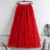 Falda de Pastel con Retazos de Malla Roja Navideña 2026 Nuevo Estilo Otoño e Invierno Falda de Longitud Media Falda Línea A Falda de Gasa Abullonada