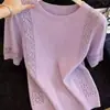 26 Verão Novo Slim Fit Estiloso Manga Curta Doce Menina Redutor de Idade Gola Polo Azul Cor Sólida Tricô Camiseta Top para Mulheres