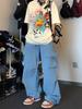 Jeans Cargo de Bolsillos Múltiples Color Albaricoque para Mujer, Novedad Primavera y Otoño, Cintura Alta, Holgados, Pierna Ancha, Adelgazantes, Versátiles, Casuales, Modernos