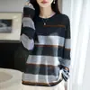 Suéter de punto para mujer, cuello redondo, bloques de color, rayas anchas, diseño calado, mangas largas, estilo pullover, retro, adecuado para primavera y otoño, prenda exterior ligera