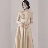 Cross2026 Outono Novo Elegante Temperamento Decote V Cintura Marcada Emagrecedor Vestido Longo Moda Sexy Fenda Vestido Feminino
