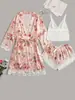 Plaid de Verano Sexy Ropa de Casa para Mujer Conjunto Floral de Tres Piezas Pijama de Encaje con Tirantes