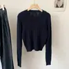 Suéter Básico de Punto Trenzado de Manga Larga con Cuello Redondo de Color Sólido para Mujer Otoño Invierno Versátil Corto Acortado Ceñido a la Cintura Adelgazante Ropa Interior Pulóver