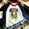 Camiseta infantil de manga comprida com estampa de desenho animado em algodão, gola redonda, estilo coreano, color-blocking, marca moderna, novo top versátil fofo para primavera/outono