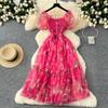 Vestido de gasa con estampado floral francés, elegante, estilo vintage, con corte de té, cintura alta, un hombro, mangas abullonadas y malla.