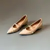 Versão em Pele de Ovelha~Sapatos Femininos Apontados Estilo Francês, Novo Modelo Primavera e Outono, com Aumento Oculto de 5cm de Altura, Sapatos Mary Jane Rasos com Tiras Envolventes
