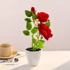 Bonsai de rosa de flanela de três cabeças flor artificial criativa ornamentos de decoração para casa e estúdio planta verde artificial planta em vaso simulada