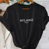 Camiseta Estampada con Letras de Milán, Top Casual de Cuello Redondo y Manga Corta, Adecuada para Usar en Primavera y Verano, Ropa para Mujer