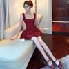 Vestido rojo retro estilo francés con tirantes de espagueti para mujer, vestido corto de verano para petite que ciñe la cintura, adelgazante, elegante, puro deseo, línea A, abullonado