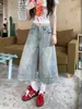 Jeans Cropped Wide Leg de Cintura Alta com Efeito Desgastado Retrô Feminino Verão Petite Formato Pera Modelador Emagrecedor Versátil Calça Casual