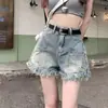 Shorts de Mezclilla Cortos Crudos Rasgados Estilo Hot Girl Americana para Mujer Verano Diseño de Nicho Talla Grande Cintura Alta Corte A Pantalones Cortos Ajustados Modernos