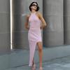 Vestido de Tricô Rosa Fashion com Gola Alta Feminino Europeu e Americano Assimétrico Cintura Interna Design com Senso de Moda Roupas Femininas