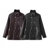 Exportación Transfronteriza Ropa de Mujer Otoño e Invierno 2025 Estilo Europeo y Americano Cuello Alto Manga Larga Cintura con Cordón Longitud Media Chaqueta de Cuero Chaqueta