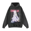 Sudadera con estampado de texto de póster de Corgi, negro lavado vintage, estilo de hombros caídos, inspirada en anime, sudadera casual extragrande