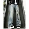 Calça jeans masculina com estampa de raio lavada estilo retrô americano, calça slim com vibe de rua, calça de perna reta com leve boca de sino
