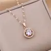 Colar Pingente Redondo de Diamante Dourado Estilo K com Colar de Zircônia Joias de Aço Titânio Corrente Clavicular Acessórios Femininos