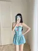Traje de baño de cuadros azules y blancos para mujer, estilo conservador de una pieza con falda y manga larga, favorecedor y adelgazante, con un toque de alta gama, adecuado para aguas termales