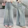 Jeans de Mezclilla para Niñas, Nuevos 2026 Primavera y Otoño Versátiles Casuales Rectos de Pierna Ancha