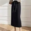 Saia Lápis de Malha Canelada de Cintura Alta com Cordão para Primavera e Outono para Mulheres, Saia Reta Emagrecedora de Inverno, Tendência de Cintura Alta Emagrecedora
