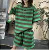 Conjunto de camiseta de manga corta a rayas para mujer Manga corta Verano 2025 Nuevo Holgado talla grande Pantalones cortos de pierna ancha Conjunto de dos piezas para comercio exterior