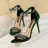 368-1 Estilo Europeo y Americano Sexy Zapatos de Tacón Alto para Mujer Tacones de Aguja Tacones de Aguja Seda y Satén Punta Abierta Sandalias de una Tira con Pedrería