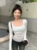 Toma real: Top de camiseta de malla transparente con retazos, ajuste ceñido, cuello cuadrado, manga larga, estilo de chica sexy y seductora para mujer 18444