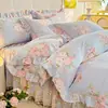 Juego de falda de cama de cuatro piezas 100% algodón con encaje y estampados florales, estilo princesa, para camas individuales y dobles, funda nórdica 1.8m juego estilo falda de cama de algodón puro