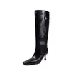 Botas de montar de cuero completo, botas largas de caña alta para mujer, nuevo estilo otoño/invierno, cuero genuino, punta cuadrada, diseño sin cordones, tacón fino, tacón alto, no por encima de la rodilla, botas para mujer
