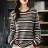 Suéter de punto de algodón puro para mujer, con cuello redondo, bloques de color, multirayas, de manga larga, corte holgado, adecuado para primavera y otoño, cómodo contra la piel, ideal para usar en capas.