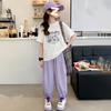 Traje Delgado de Estilo Coreano para Niñas Mayores, Nuevo Estilo de Verano, Leggings y Pantalones de Moda de Manga Corta con Letras Elegantes, Conjunto de Dos Piezas
