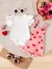 Conjunto de Macacão para Bebê com Macacãozinho de Manga Bufante Canelado e Shorts de Macacão Estampado Conjunto de Duas Peças Tendência Dopamina para Meninas
