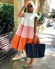 Vestido de verano 2021 nuevo con costuras de tres colores de contraste cuello redondo vestido tipo muñeca falda tutú casual