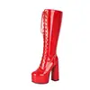 Botas femininas de moda de cor sólida com salto ultra-alto, botas de cano alto de tamanho grande para outono e inverno, bico redondo, plataforma impermeável, botas femininas de couro patenteado transfronteiriças, versátil