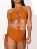Aliexpress Amazon Bikini Sexy de Múltiples Tirantes Fruncidos de Cintura Alta Conservador para Mujer Estilo Europeo y Americano Ajustado de Dos Piezas
