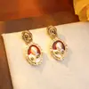 Textura de Pintura al Óleo Arte Perla Natural Flor Pendientes Ovalados para Mujer Estilo Retro Pendientes Coloridos con Agujas de Plata