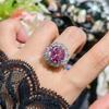 Anillo Abierto Elegante con Colgante de Girasol, Color Cambiante de Lámpara Fluorescente, Corte Cielo Estrellado de 5 Quilates, Zirconia Rosa Kunzita para Mujer