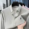 Camisa de hombre joven y de mediana edad con finas rayas, cuello de botón y bordado de poni para primavera y otoño, adecuada para negocios, ir al trabajo y uso casual, camisa de manga larga