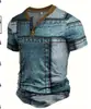 Camiseta retro de botão com meia-malha transpassada transfronteiriça, top pullover Henley casual de manga curta com estampa 3D slim fit para homens