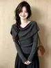 Suéter de punto de manga larga con cuello alto gris oscuro estilo francés + chal conjunto de dos piezas para mujer otoño nuevo
