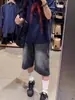 Shorts de Mezclilla Crop Negros y Grises para Mujer Verano Nuevo Retro Americano de Cintura Alta Holgados de Pierna Ancha Rectos Ajustados de Longitud Media