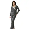 Conjunto Feminino de Casa Novo Estilo, Venda Transfronteiriça, Manga Longa, Calça Longa, Conjunto de Duas Peças com Renda, Decote V e Laço, Roupa Casual para Primavera e Outono